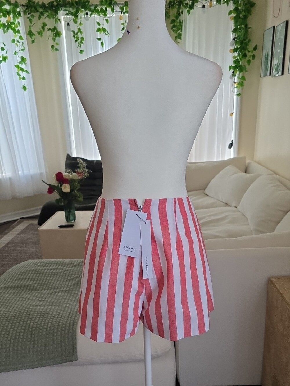 AKIRA Pink and White Striped Lace-Up Pleaded Linen Shorts - Picture 4 of 5